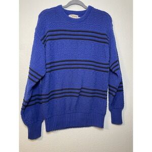 Vintage 80s Amana Woolen Mills Saleroom Blue Striped Wool Sweater‎ Medium